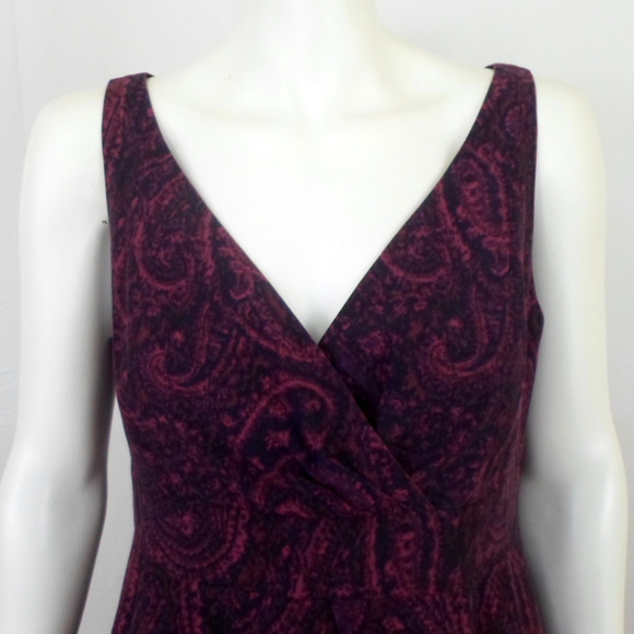 Lands End Fit Flare Purple Navy Paisley Dress V-Neck Sleeveless - Picture 3 of 5